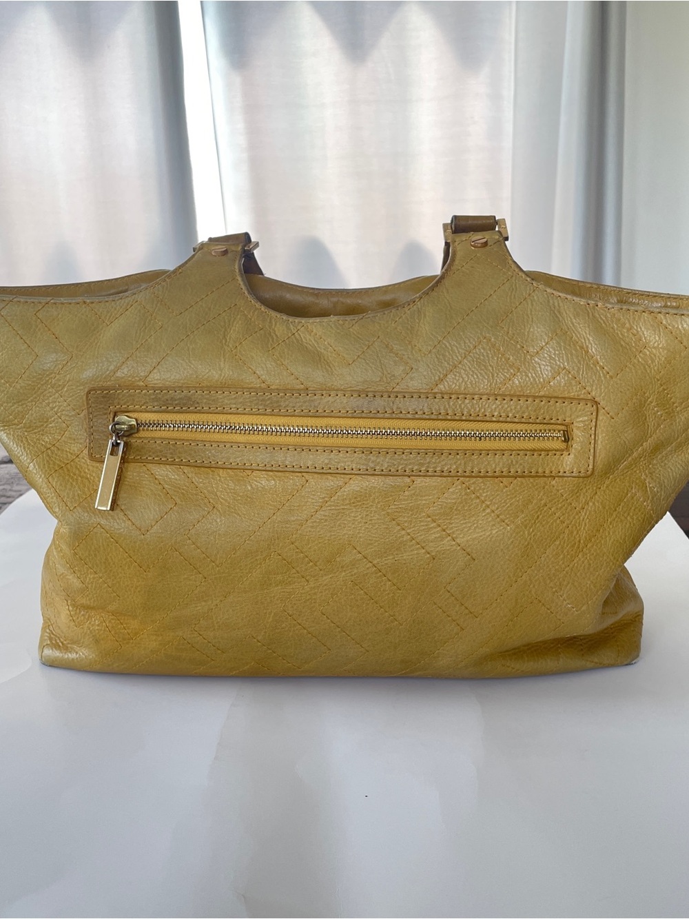 Tory Burch Leather Stitch Tote Bag Yellow Handbag Pre Owned Rare HTF